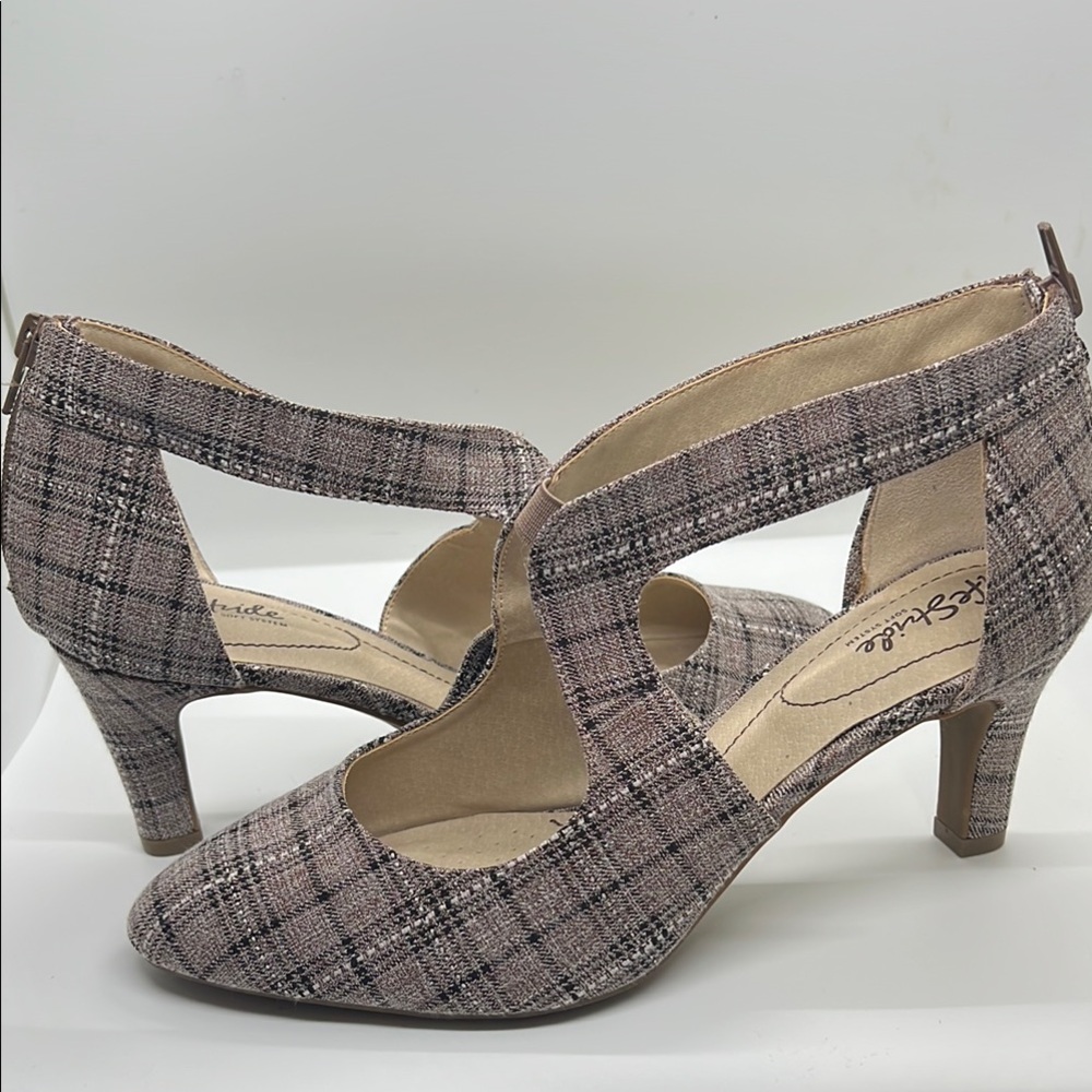 Gray Plaid Ankle Strap Heels